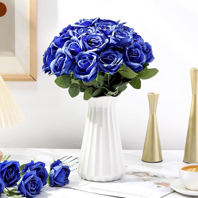 30 Pcs Rose Artificial Flowers in Bulk Real Touch Long Stem Silk Roses Bouquets Realistic Faux Flowers for Wedding Bridal Shower Home Decor Floral Arrangements Table Centerpiece(Royal Blue)
