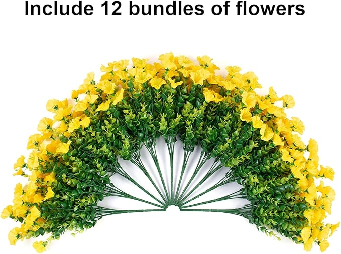 Artificial Flowers for Outdoors Fake Flowers Plants for Spring Summer Decor, 12 Bundles Silk Morning Glory with Eucalyptus Look Real UV Resistant Yellow Faux Flowers for Outside Planters Yard Patio