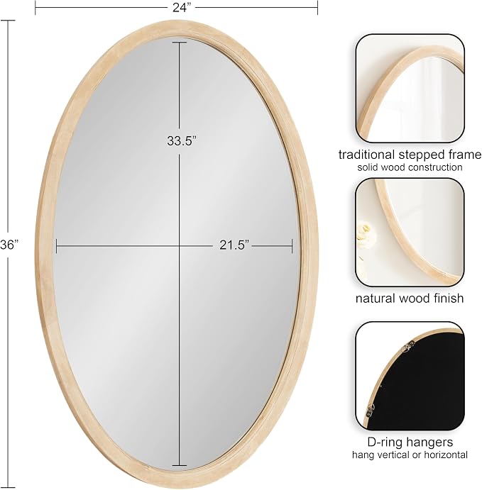 Kate and Laurel Hogan Modern Wooden Oval Wall Mirror; 24 x 36; Natural Wood; Transitional Rounded Mirror for Use as Bathroom Mirror or Entryway Mirror Decor