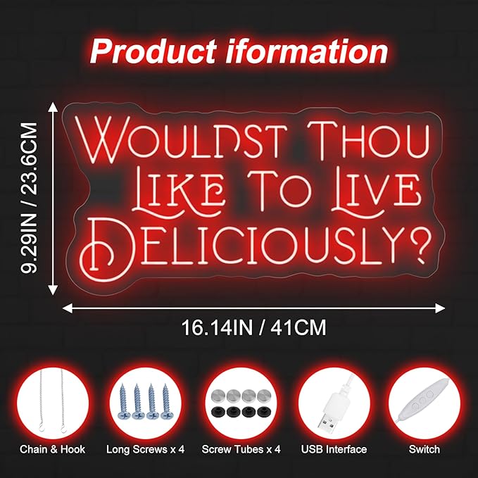 Wouldst Thou Like to Live Deliciously?Live Deliciously Neon Sign, Vintage Font Decor,Goth Room Decor,Gothic Horror Sign,Gothic Halloween Sign, Encouraging Light, Pink Led Light for Bedroom, Club