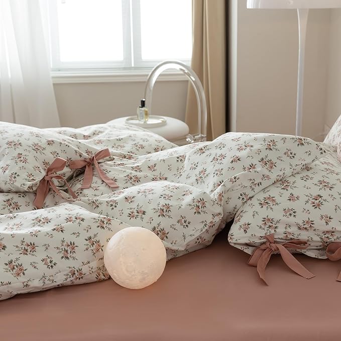 EAVD Garden Pink Floral Duvet Cover Queen Size 3 Pieces Soft Cotton Chic Cottagecore Bedding Set with 2 Bowknot Pillowcases Vintage Style Peach Flower Comforter Cover with Zipper Closure