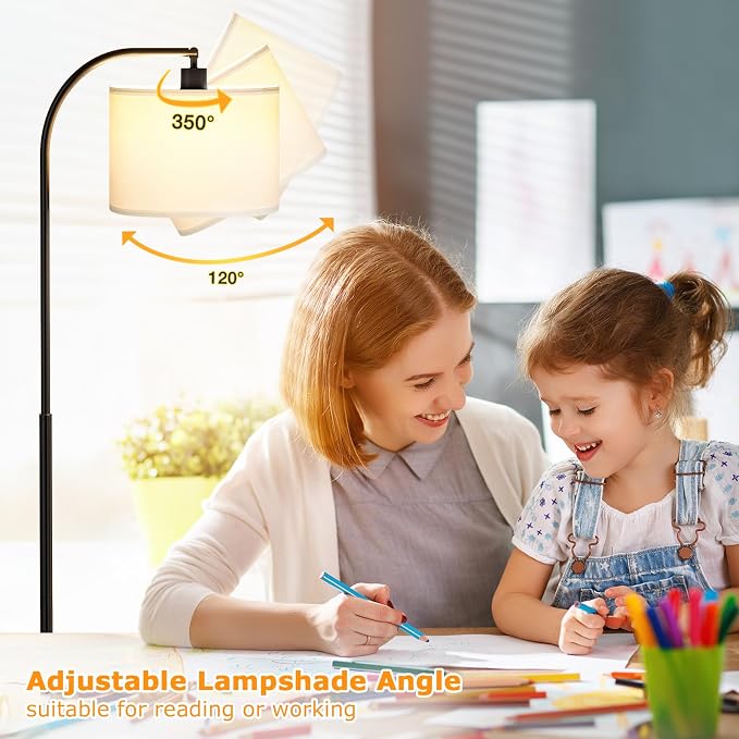 Ambimall Arc Floor Lamp with Remote and Stepless Dimmable Bulb, Colors Temperature & Brightness Adjustable, Floor Lamps for Living Room（White Shade & Black Pole）