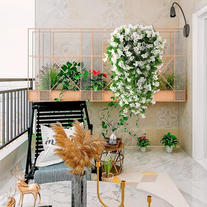 Artificial Fake Hanging Flowers Plants for Outdoor Spring Summer Decoration, 2PCS Faux Silk Violet UV Resistant Look Real Trailing Vines for Outside Home Planter Porch Patio(White)