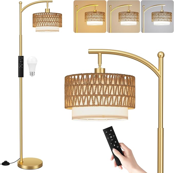 Ambimall Arc Floor Lamp for Living Room with Remote, Color Temperature & Brightness Adjustable, Boho Standing Lamp with Rattan & Fabric Double Drum Shades, Bulb Included(Gold)