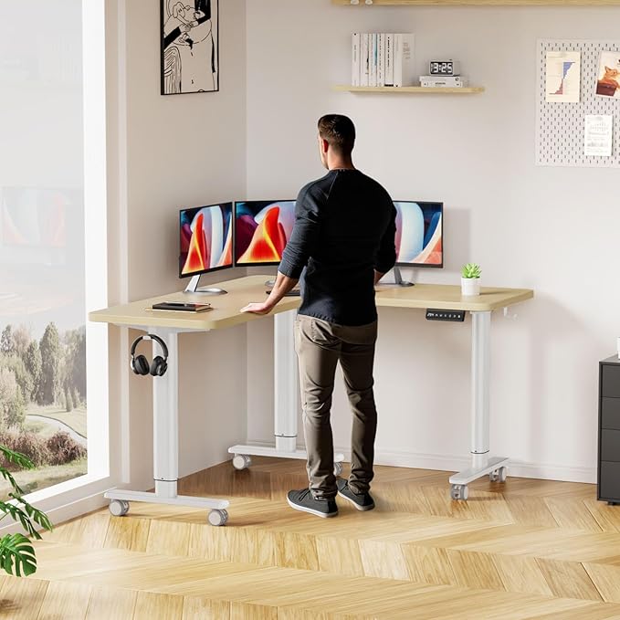 Flycity Electric L Shaped Standing Desk Adjustable Height, 63" x 55" Corner Stand Up Table, Home Office Desk, Dual Motor Sit Stand Desk, Computer Desk with 3 Memory Preset & Lock, Maple