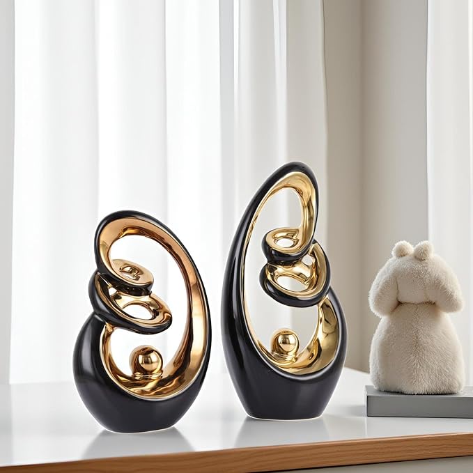 Black Ceramic Abstract Sculpture Statue,Mid Century Modern Gold Accent Decor,Porcelain Statues Art Deco Gold Show Piece for Home - Contemporary Tv Stand End Table Centerpieces (Black Gold)