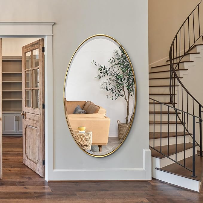 POZINO Beveled Oval Mirror, 28"x48" Brushed Gold Bathroom Mirror with Stainless Steel Frame, Modern Accent Wall Mirrors for Entryway Bedroom Hallway Living Room, Hangs Vertically or Horizontally
