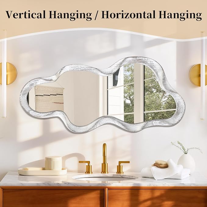 Irregular Wood Frame Mirror Asymmetrical Mirrors for Wall Unique Cloud Modern Living Room Bedroom Vanity Entryway Hallway Decorative Artistic Cute and Stylish Wall Mirror Large