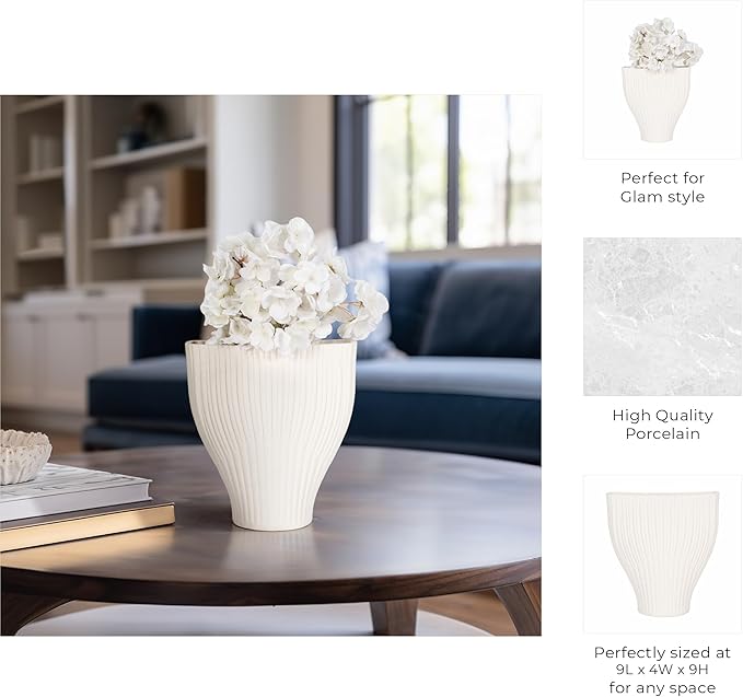 Ceramic Vase for Home Decor – Elegant Flower Vase for Living Room, Table Accent, or Bedroom Decor – 3D Printed Accent Piece for Office, Room, or House Styling – 9” Ivory