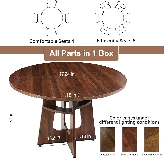 47" Round Dining Table for 4-6 Walnut, Farmhouse Wood Circle Dinner Table, Dark Brown Wooden Circular Dinner Tables Easy Assembly for Dining Room/Kitchen/Living Room/Apartment (Table Only)