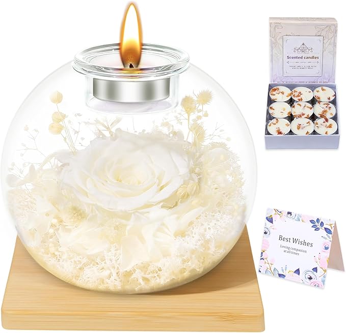 DEEMEI Gifts for Women Birthday Gifts for Women Preserved Real Rose in Glass Dome with Scented Fresh Flowers for Delivery Prime Eternal for Her Mom Grandma Wife Girlfriend Daughter, White