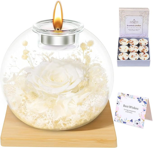 DEEMEI Gifts for Women Birthday Gifts for Women Preserved Real Rose in Glass Dome with Scented Fresh Flowers for Delivery Prime Eternal for Her Mom Grandma Wife Girlfriend Daughter, White