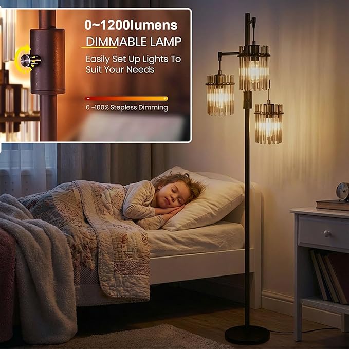 Industrial Floor Lamps for Living Room, Dimmable Floor Lamp Modern Standing Lamps with Glass Lampshade, Rotary Switch, LED Bulbs, Tall Lamps for Bedroom, Office (3 Lampshades(66inch))