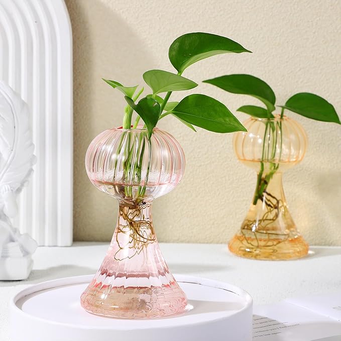 VANZACK 2Pcs Vintage Handblown Glass Pumpkin Vase Small Clear Flower Pots in Pink and Light Orange for Home Kitchen Office Decor Cute Wide-Mouth Design Smooth Surface Easy to Clean