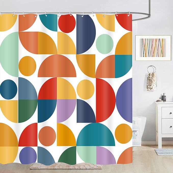 Colorful Rainbow Geometric Shower Curtain Mid Century Modern Abstract Art Bathroom Curtain Decor 72x72 Inch Washable Fabric Bright Boho Circle Patterned Bath Curtain with 12 Hooks