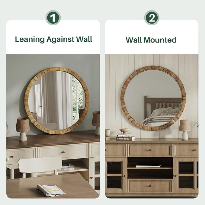 Wood Round Wall Mirror - 31.5" Farmhouse Rustic Wall Decorative Mirrors, Wooden Circle Boho Accent Mirror for Living Room, Bedroom, Bathroom, Hallway, Fireplace, (Natural)