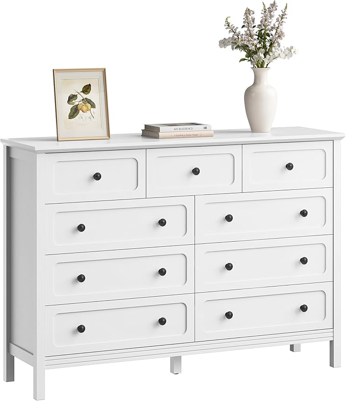 CARPETNAL White Dresser for Bedroom, 55" Wide 9 Drawer Dresser with Metal Handles and Deep Drawers, Modern Large Wood Chest of Drawers for Living Room, Hallway.