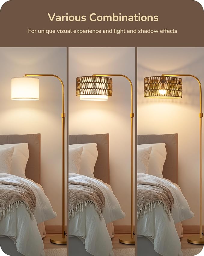 EDISHINE Rattan Floor Lamp for Living Room with Remote & Dimmable LED Bulb,63'' Mid Century Rattan Fabric Shade Standing Lamp with 5 Color Temperature, Farmhouse Boho Standing Lamp for Bedroom Office