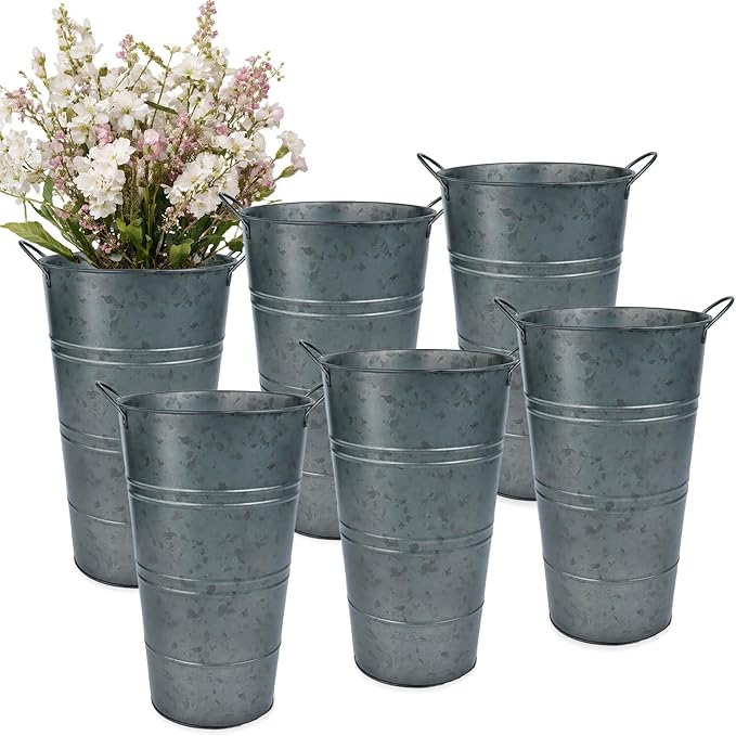 12 Inch Galvanized Metal Vases for Flowers - 6 Pcs Farmhouse Decorative Tall Flower Bucket with Handles, Rustic French Tin Planter Buckets for Wedding Decor (Galvanized Black)