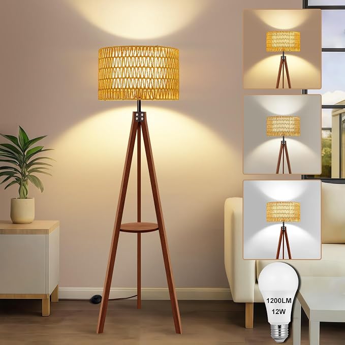 Boho Rattan Floor Lamp with Shelf & Bulb Included, Wicker Tripod Floor Lamp 3 Color Temperatures, Wood Rustic Tall Lamps with Foot Switch, Walnut Boho Standing Lamps for Living Room Bedroom