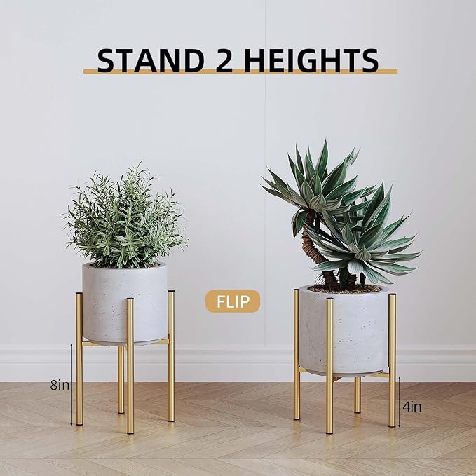 Adjustable Metal Plant Stand Indoor, Fits 8-14 Inch Pots, Mid Century Modern Gold Planter Holder,2 Heights, Heavy Duty 160 lb, Indoor Outdoor Corner Floor Pot Stand, Golden
