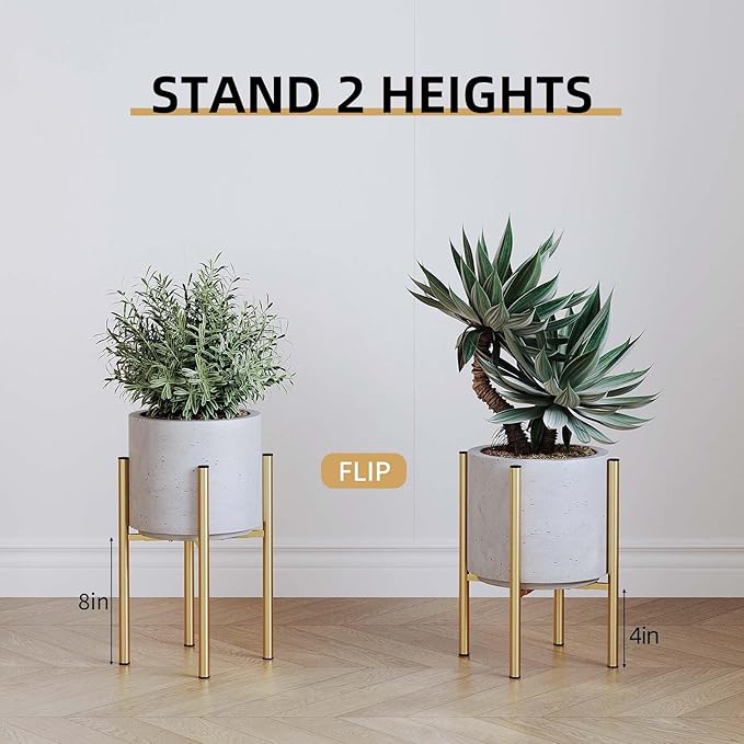 Adjustable Metal Plant Stand Indoor, Fits 8-14 Inch Pots, Mid Century Modern Gold Planter Holder,2 Heights, Heavy Duty 160 lb, Indoor Outdoor Corner Floor Pot Stand, Golden with Round Plate 2 Pack