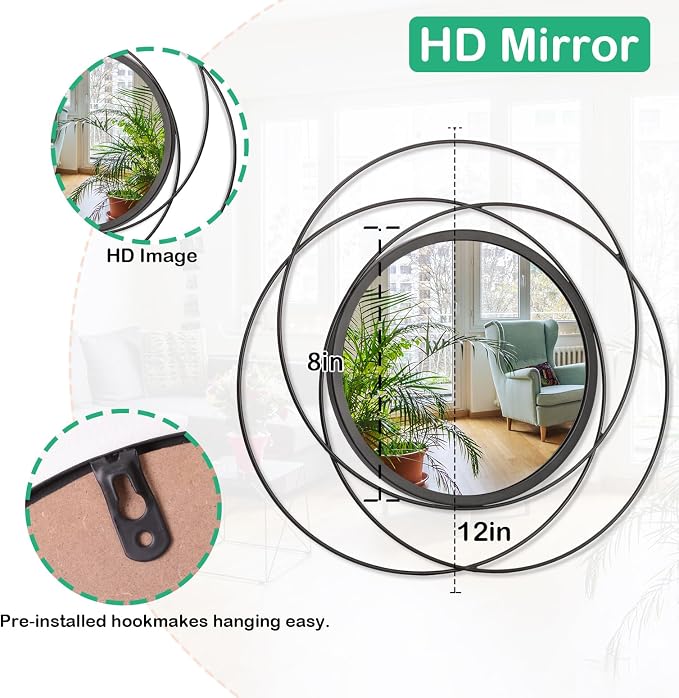 Black Circle Mirror Wall Decorative Metal Wall Mirror, Art Small Round Wall Home Mirror, Decor Living Room Bedroom Bathroom Entryway 12"