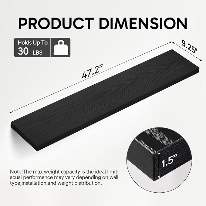 BAYKA Floating Shelves Set of 2, 47.2 inches Long Heavy Duty Wall Mounted Rustic Wood Shelves for Bathroom, Bedroom, Living Room, Kitchen, Office, Hanging Shelf for Books/Storage/Decor, Black