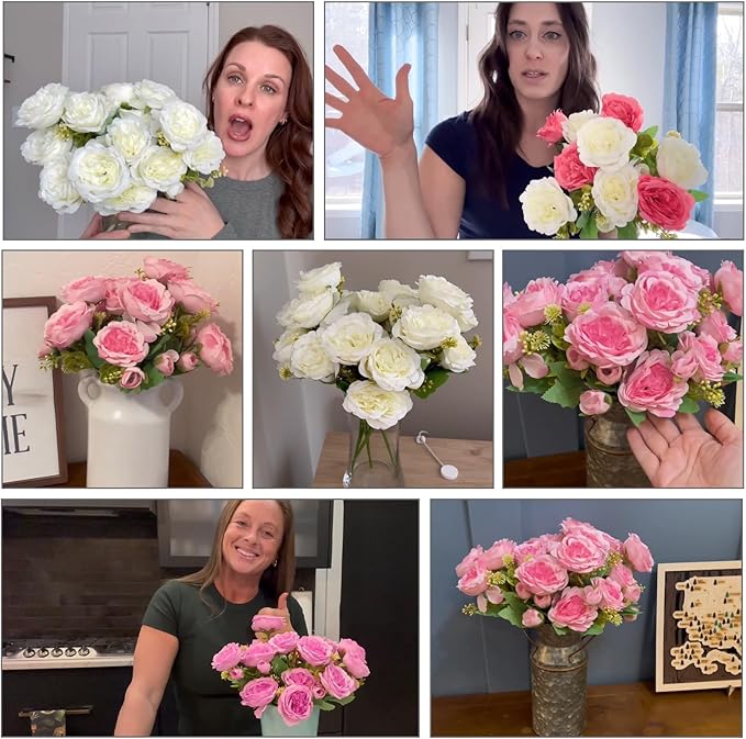 8 Packs Artificial Peonies Silk Flowers: Faux Peony Bouquet 8 Bundles, Fake Peonies Flowers Bulk for Centerpiece Table Wedding Party Home Decor for Christmas Decoration (Rose Red)