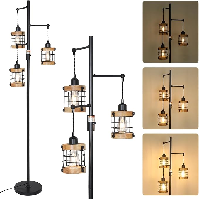 Vintage Wood Floor Lamp for Bedroom, Dimmable Floor Lamps for Living Room, Industrial Standing Lamp Farmhouse Tall Lamp for Office Home, Rustic Corner Floor Lamp Metal Black Pole Lamp