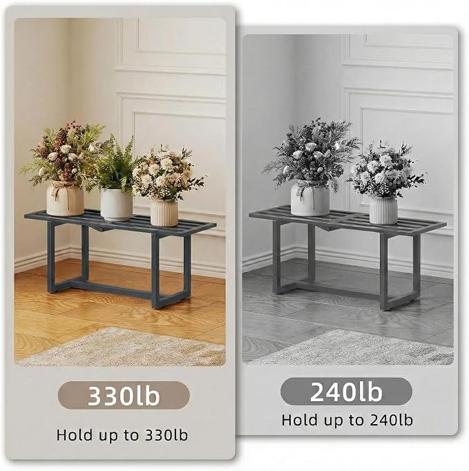 Plant Stand Indoor Outdoor, Foldable Metal Plant Shelf for Multiple Pots, Mid Century Slatted Bench for Patio Garden, Heavy Duty Capacity 330 lbs 2 Pack Grey