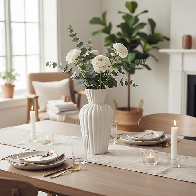 Minimalist White Ceramic Vase for Home Decor - 9.25" Modern Fluted Flower Bud/Table Centerpiece - Aesthetic Nordic Farmhouse Decorative Pottery for Living Room, Shelf, Wedding Gift