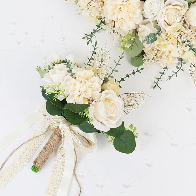 Set of 4 Bridesmaid Bouquets for Wedding, 9 Inch Boho Bridesmaid Flowers for Ceremony Anniversary Centerpieces Decorations, Artificial Rose Bouquets Romantic - Beige