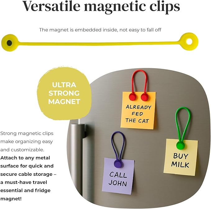 Magnetic Cable Management Organizer | 12 Pack Reusable Cable Ties & Cord Holder with Magnetic Clips | Silicone Cable Ties & Cord Keeper for Smart Home Gadgets, Assorted Colors