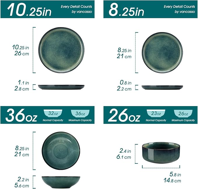 vancasso Starry Plates and Bowls Sets for 6, 24 Pieces Dinnerware Sets, Green Reactive Glaze Dishes Sets for Kitchen, Scratch Resistant Stoneware Dishes Set, Dishwasher and Microwave Safe