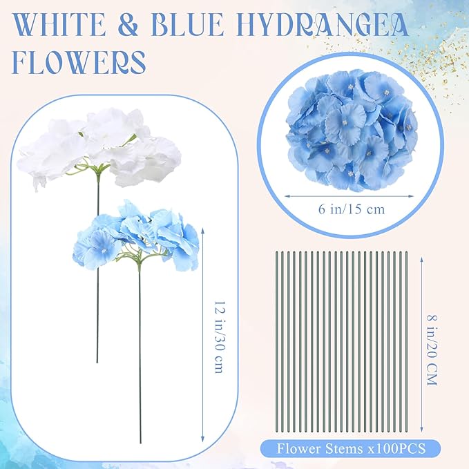 Unittype Silk Hydrangea Artificial Flowers Heads with Stems Faux Hydrangea Flowers for Wedding Centerpieces Bouquets DIY Floral Decorations for Home Indoor(White and Sky Blue,300 Pieces)