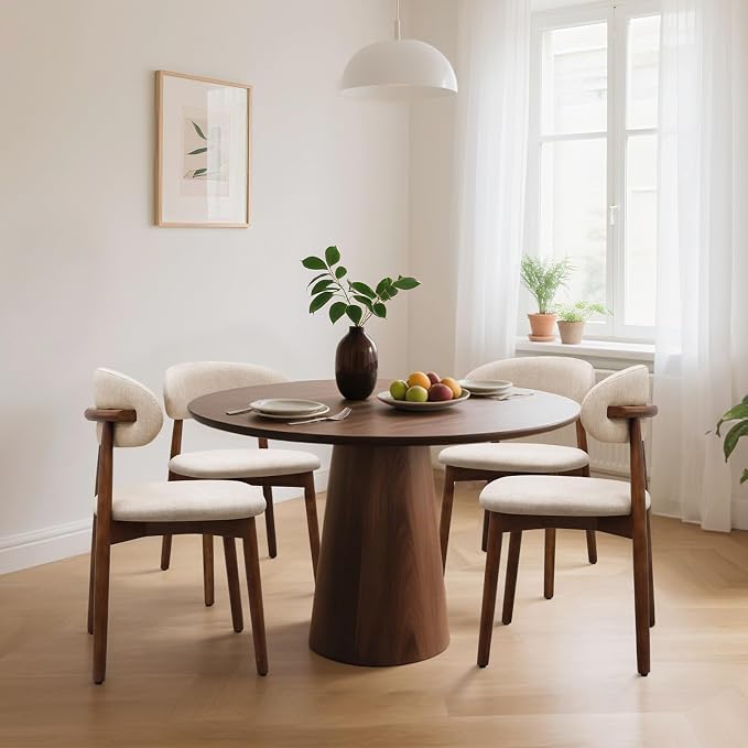 Farmhouse Dining Chairs Set of 6, Mid Century Modern Fabric Upholstered Kitchen Chairs, Wooden Dining Room Chair with Curved Back for Kitchen Dining Room Restaurant Cafe, Light Camel (Only Chairs)