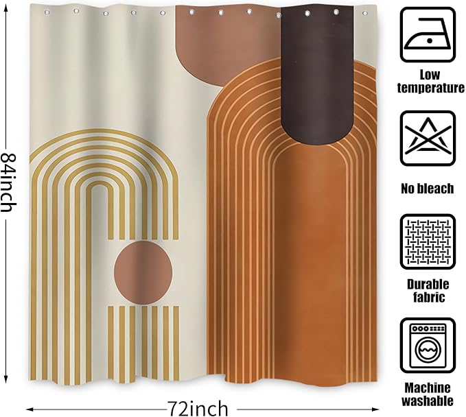 Mid Century Modern Extra Long Shower Curtain, Boho Brown Arch Geometric Machine Washable Waterproof for Bathroom Bathtub with Hooks 72Wx84H
