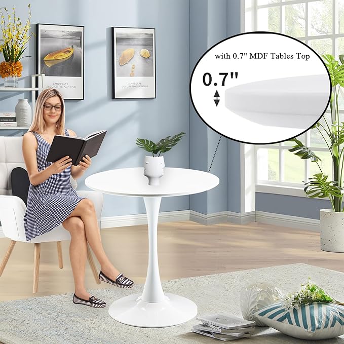 Round Dining Table, 27.6" Small Tulip Kitchen Round Dinner Table for 1-2 People with Metal Pedestal Base and MDF Tables Top Mid-Century Tables for Dining Room, Cafe, Kitchen, White