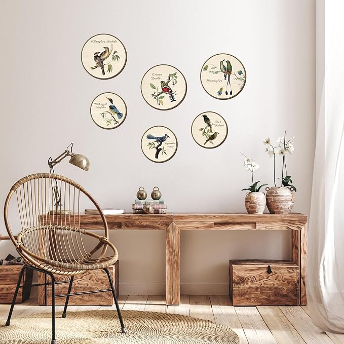 TOARTi 6pcs Vintage Bird Wall Art Set(9.9”x3/7.9”x3) Round Bird Botanical Wooden Plaques Rustic Bird Plant Round Wall Hanging Farmhouse Birds Wall Decor for Home Bedroom Living Room Bird Lover Gift