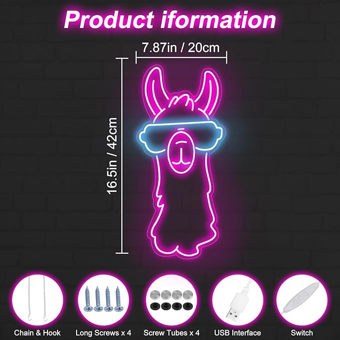 Llama with Sunglasses Neon Sign, Llama with Sunglasses LED Light, Cute AnimalLED Art, Pet Shop Decor, Home & Kids Room Decor, Llama Lover, Animal Lovers - Home & Restaurant Bedroom Art-16.5"x7.8"