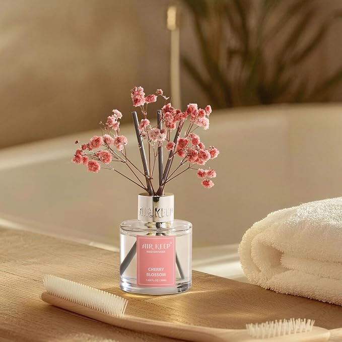 Airkeep Reed Diffuser Set,1.69 fl oz (50 ml) - Cherry Blossom Oil Diffusers with 8 Reed Sticks,Home Fragrance Reed Diffuser for Bathroom Shelf Decor