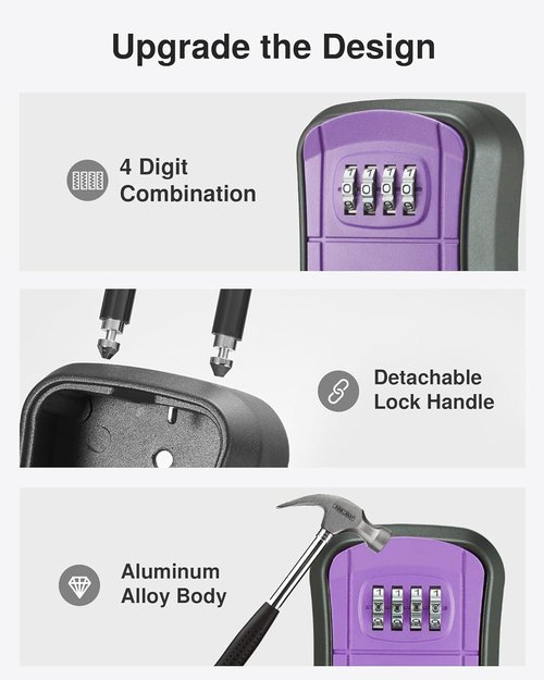 Puroma Key Lock Box - Portable Wall-Mounted Key Storage with Resettable Code | Purple, 1 Pack