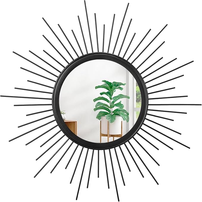 Sunburst Wall Mirror, Black Large Spoked Wall Decor Mirror Bohemian Home Round Modern Metal Wall Art Mirror for Living Room Hallway Bedroom Bathroom 24" x 24"