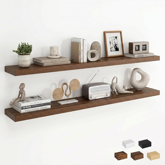 Dreamland 48Inch Floating Shelves for Wall, Rustic Wooden Walnut Floating Shelves for Living Room, Kitchen, Farmhouse, Deep Wall Mounted Book Shelf, Wood Storage Display Shelf for Home Decor, Set of 2