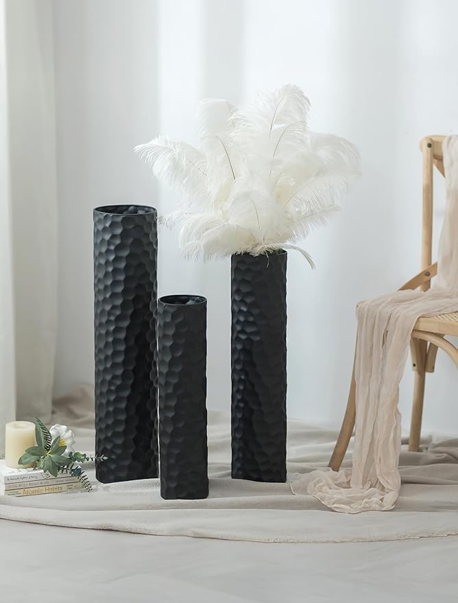 Sziqiqi Black Tall Floor Vase: 27/23/20in Large Floor Vases Standing for Living Room - Hammered Metal Floor Vases Set of 3 - Cylinder Flower Vase for Dining Bedroom Home Corner Indoor Office