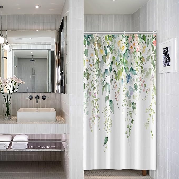 Sage Green Eucalyptus Shower Curtain Watercolor Botanical Floral Leaves Shower Curtain Set Spring Nature Bathroom Decor with 10 Hooks,54x72 Inches