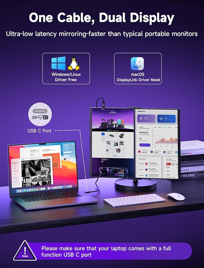 JSAUX FlipGo Pro 16" Dual Portable Monitors, 2.5K Triple Laptop Screen Extender, Portable IPS Dual-Screen Monitor for Laptop[for Windows/Linux/macOS] One Cable to Dual/Magnetic Design/DisplayLink