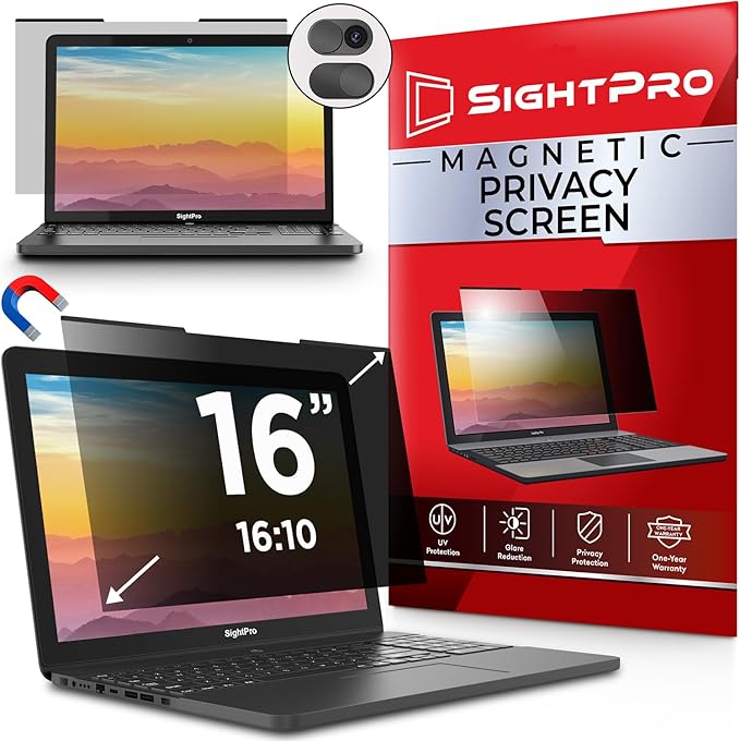 SightPro Magnetic Laptop Privacy Screen 16 Inch 16:10 - Patented Removable Computer Privacy Filter Shield and Protector