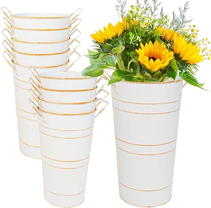 10" Tall Flower Buckets Metal Vase - Pack of 10 Rustic Farmhouse Centerpiece Vases for Table with Handles, Wedding Home Table Decor, Farmhouse White Flower Bar Bucket Holder